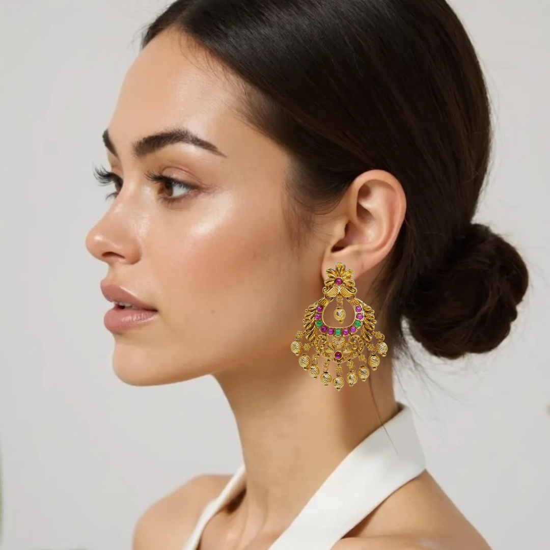 Antique Chandbali with Ruby & Green Beads – R-1057