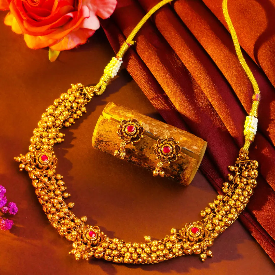 South Indian Temple Jewellery Short Necklace Set with Ruby Motifs
