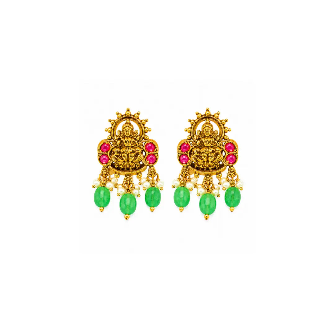 Lakshmi Temple Jewellery Bridal Choker Set with Emerald Bead Drops