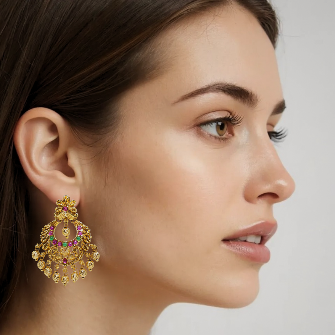 Antique Chandbali with Ruby & Green Beads – R-1057