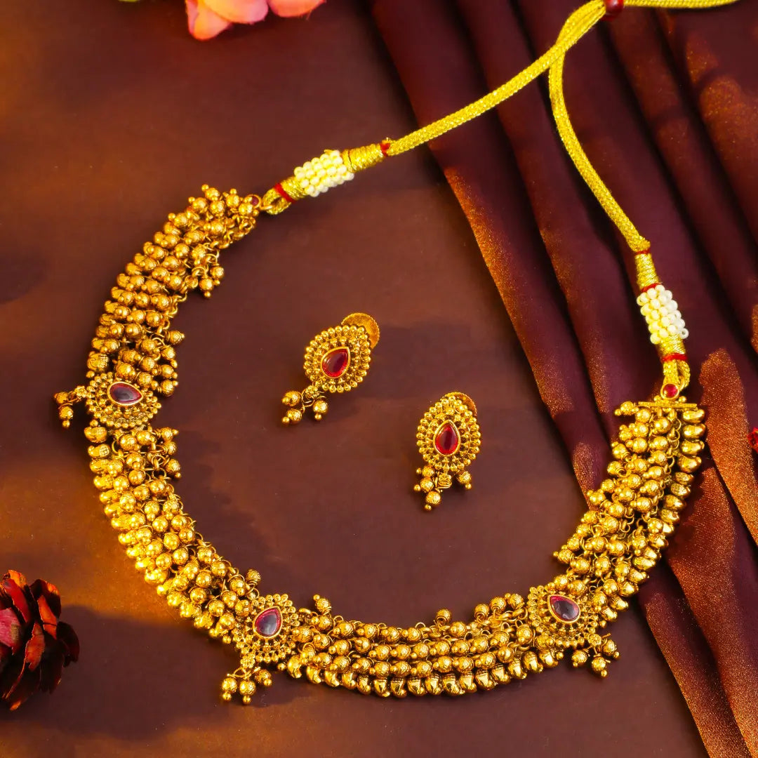 South Indian Gold Plated Temple Necklace Set 