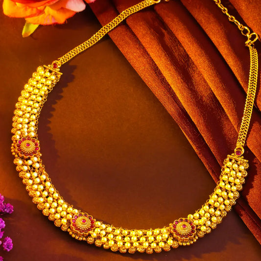 Antique Temple Jewellery Short Necklace Set with Ruby Floral Motifs