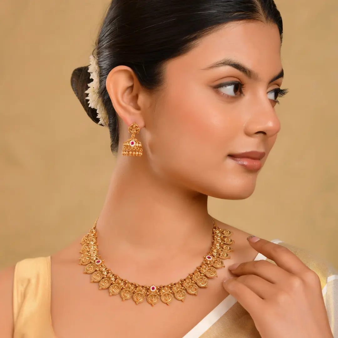 Lakshmi Kasu Temple Jewellery Short Necklace Set with Coin Design J-941