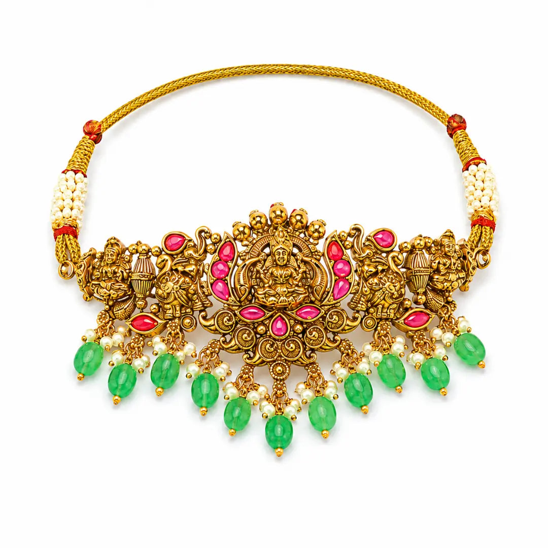 Lakshmi Temple Jewellery Bridal Choker Set with Emerald Bead Drops