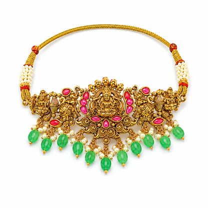 Lakshmi Temple Jewellery Bridal Choker Set with Emerald Bead Drops