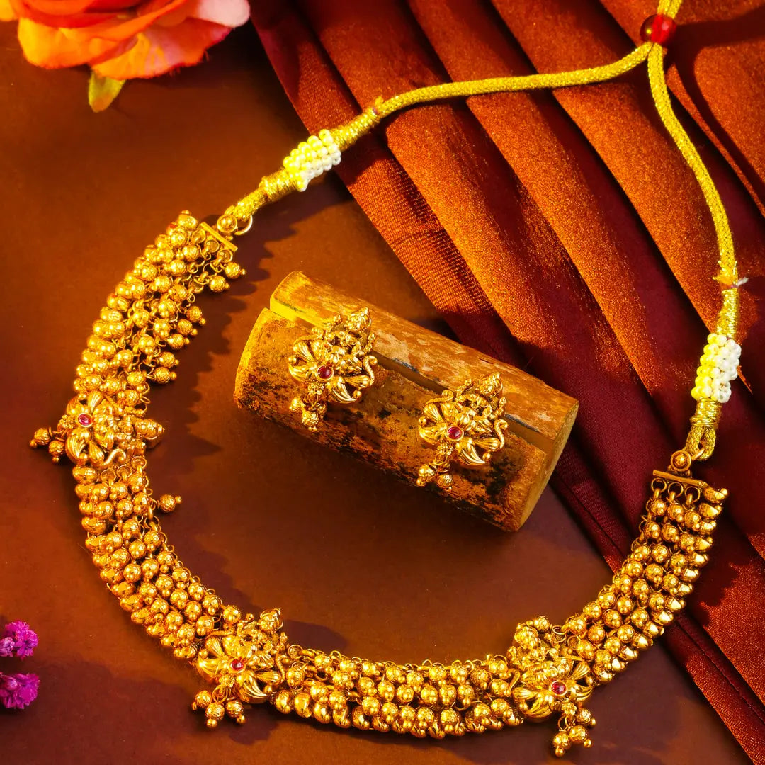 Traditional Temple Jewellery Short Necklace Set with Jhumka Earrings