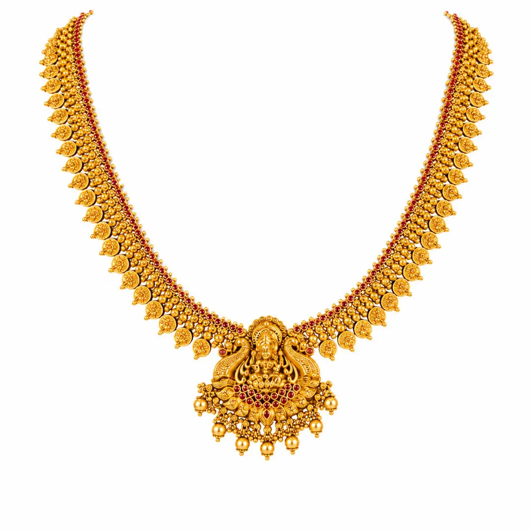 Navaratna Muthu Swarna Kanti Long Necklace Set | Gold-Plated Temple K-1894