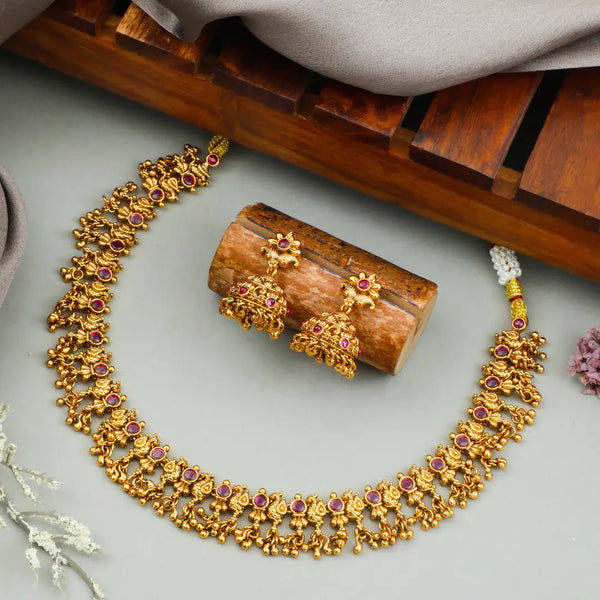 Antique Temple Combo Necklace Set with Red & Green Stones