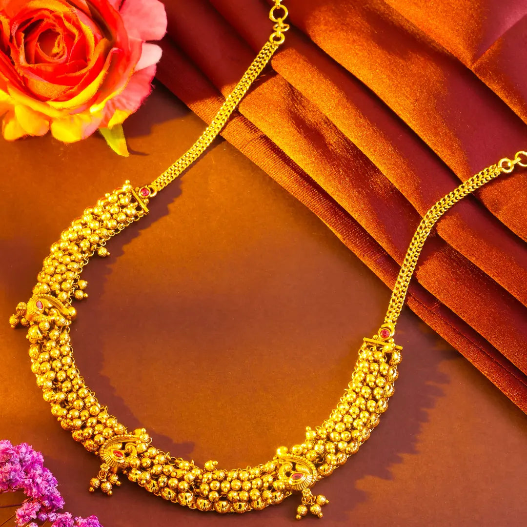 Antique Gold Temple Jewellery Short Necklace Set for Bridal Wear