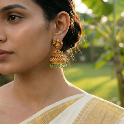 Stambha Tarana Jhumka | Gold-Plated Temple Pillar Drop Earrings