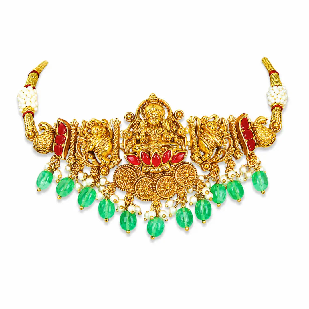 Lakshmi Temple Jewellery Bridal Choker Set with Green Stone Drops