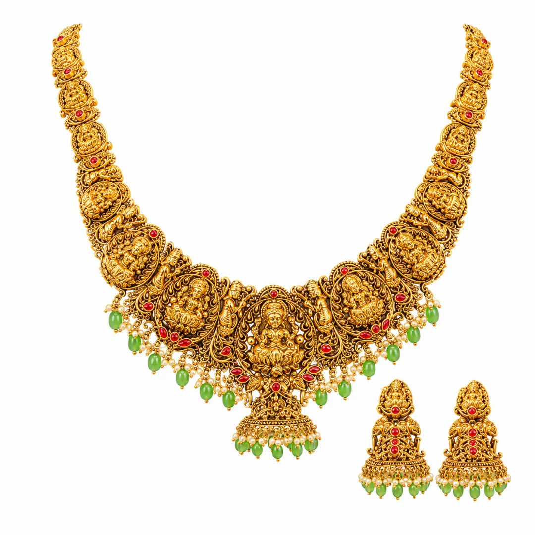 Kamalam Swarna Navaratna Kanti Long Necklace Set | Gold-Plated Temple J-1014