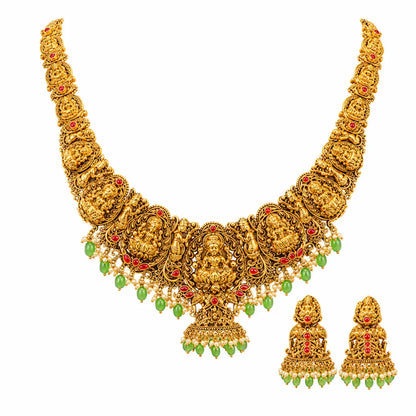 Kamalam Swarna Navaratna Kanti Long Necklace Set | Gold-Plated Temple J-1014