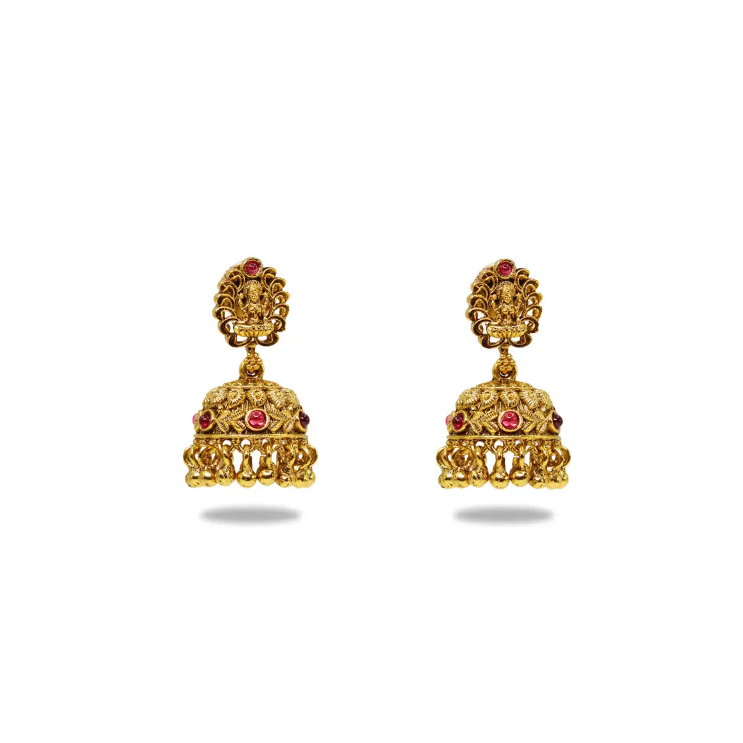 Antique Temple Jhumka Earrings with Pink Stone Accents R-1243
