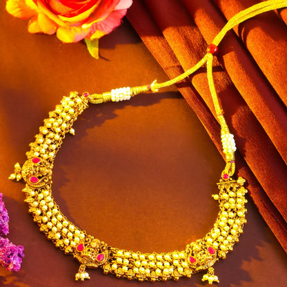 Antique Lakshmi Temple Jewellery Short Necklace Set with Pearl Drops