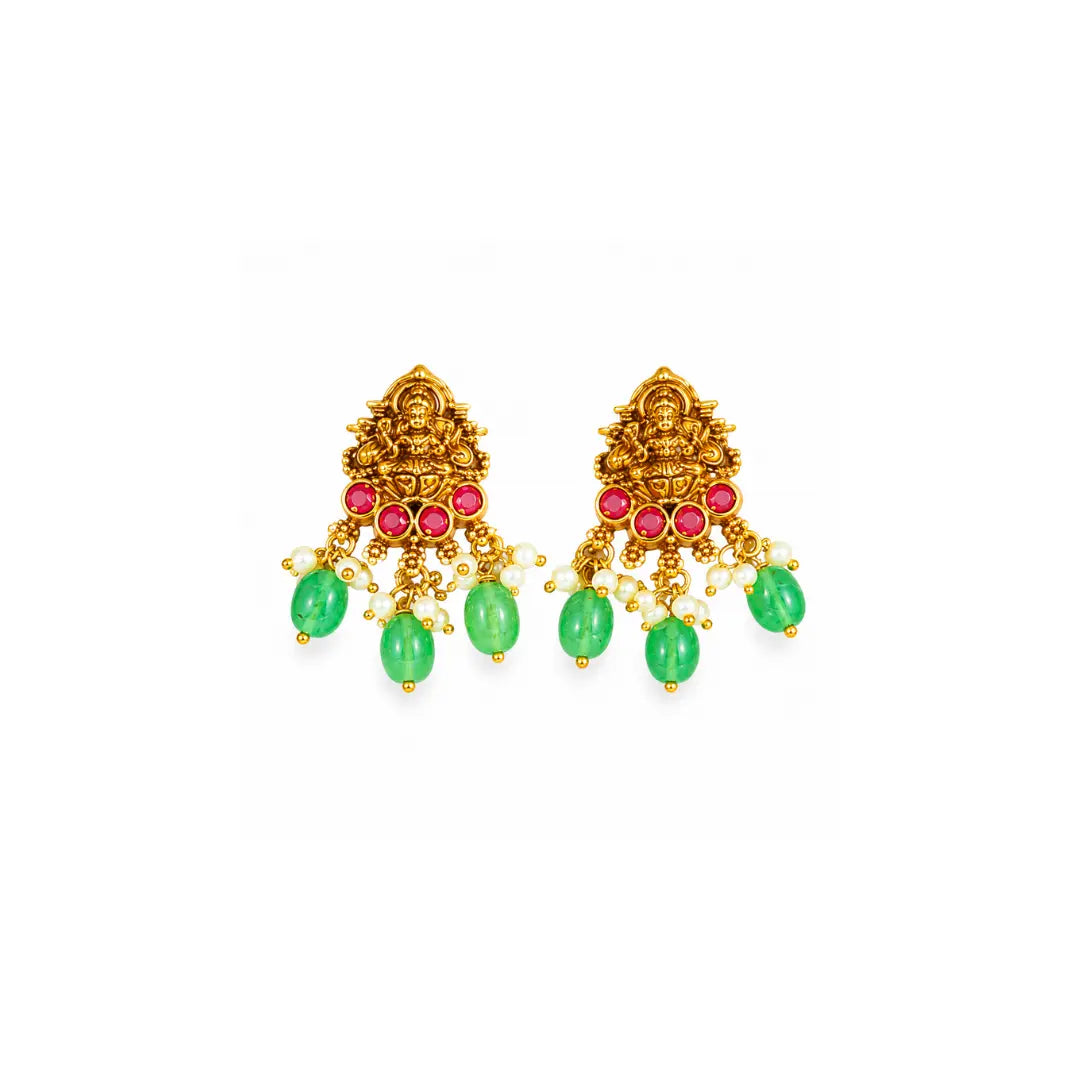 Lakshmi Temple Jewellery Bridal Choker Set with Green Stone Drops