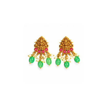 Lakshmi Temple Jewellery Bridal Choker Set with Green Stone Drops