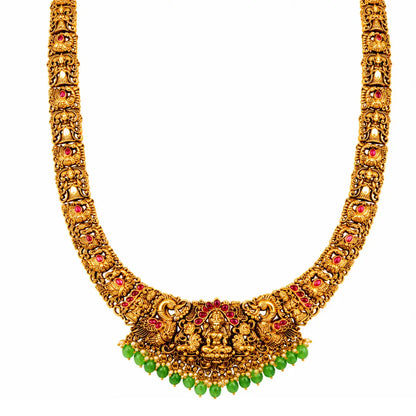 Navaratna Kamalam Swarna Haar Long Necklace Set | Gold-Plated Temple J-1028