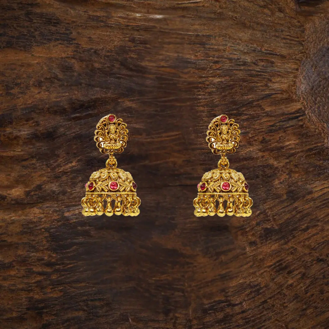 Antique Temple Jhumka Earrings with Pink Stone Accents R-1243