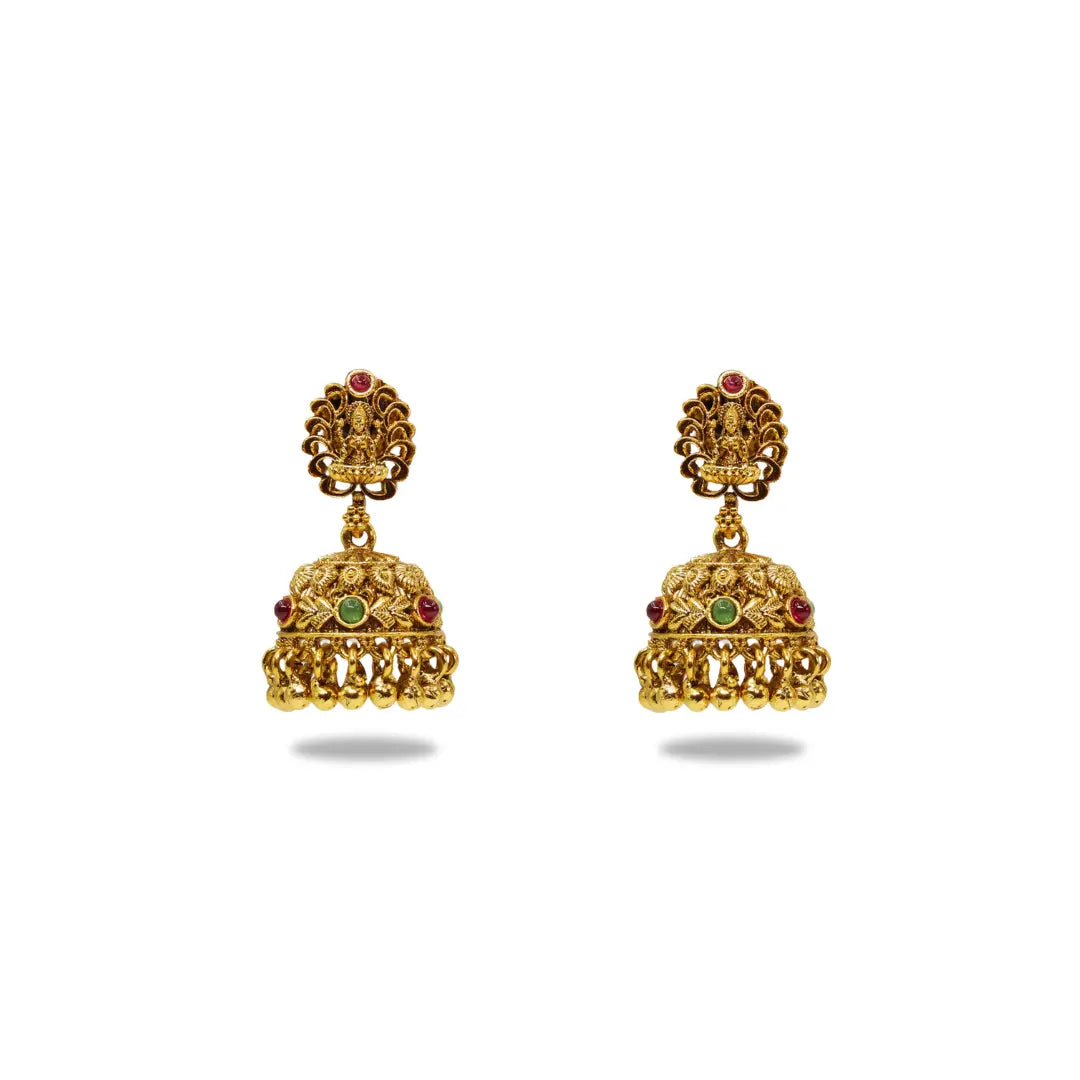 Antique Temple Jhumka Earrings with Pink Stone Accents R-1243