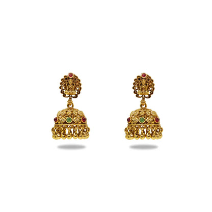 Antique Temple Jhumka Earrings with Pink Stone Accents R-1243