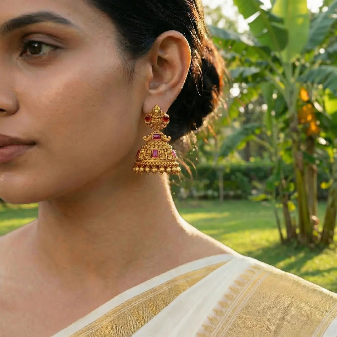 Kalinda Shri Laxmi Temple Jhumka – Ruby & Emerald Gold-Plated Earrings