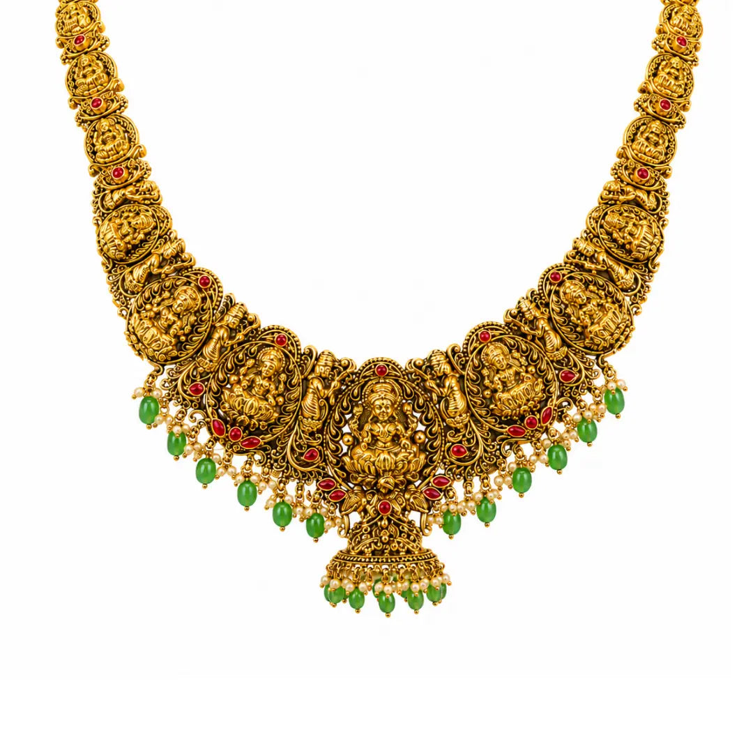 Kamalam Swarna Navaratna Kanti Long Necklace Set | Gold-Plated Temple J-1014
