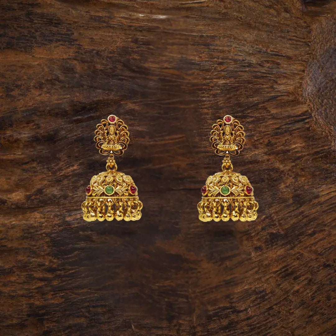 Antique Temple Jhumka Earrings with Pink Stone Accents R-1243
