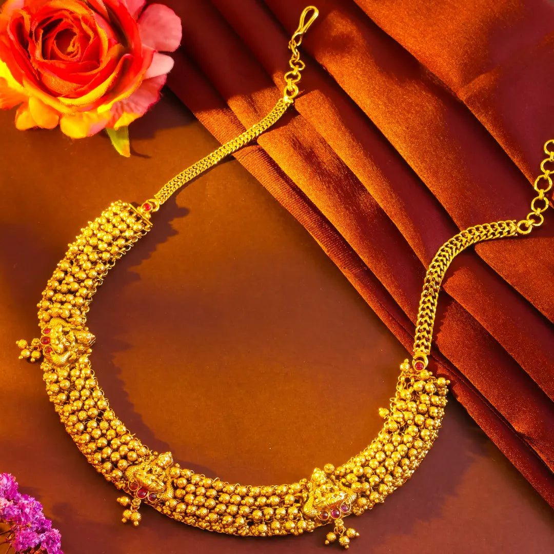 Antique Temple Jewellery Short Necklace Set for South Indian Bridal Wear