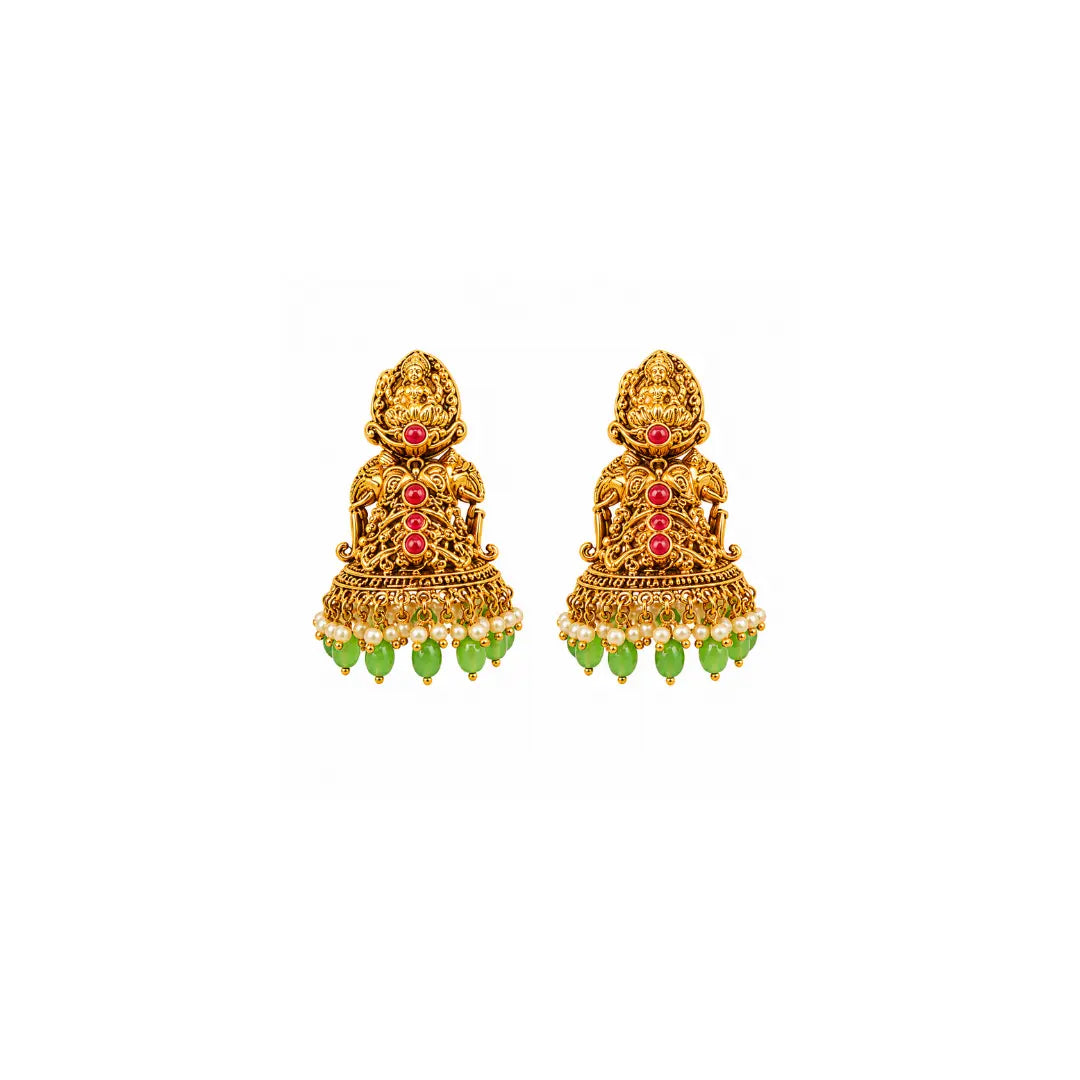 Kamalam Swarna Navaratna Kanti Long Necklace Set | Gold-Plated Temple J-1014