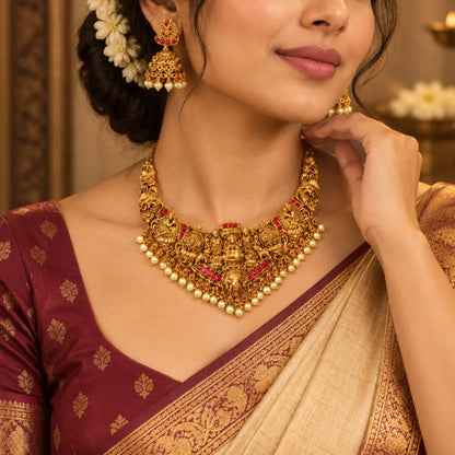 1 Gram Gold Short Necklace Set | Peacock Lakshmi Pearl Border Design J-1055