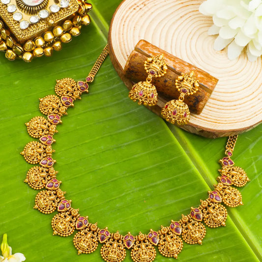 Patra Ghungroo Temple Jewellery Short Necklace Set with Bead Drops