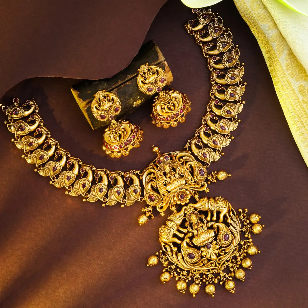 Lakshmi, Peacock-Elephant short necklace Set N-980
