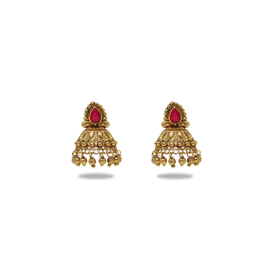 Antique Gold Plated Jhumka with Red Stone Detailing V-1663