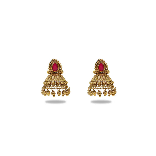 Antique Gold Plated Jhumka with Red Stone Detailing V-1663