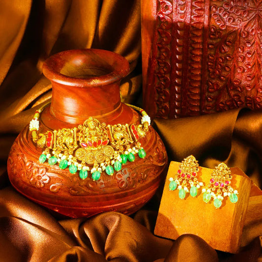 Lakshmi Temple Jewellery Bridal Choker Set with Green Stone Drops