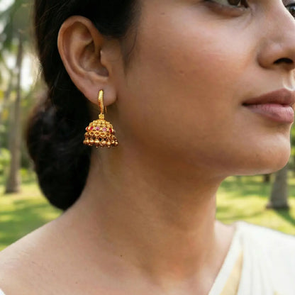 Kesari Manjula Jhumka | Gold-Plated Saffron Floral Temple Earrings T-96
