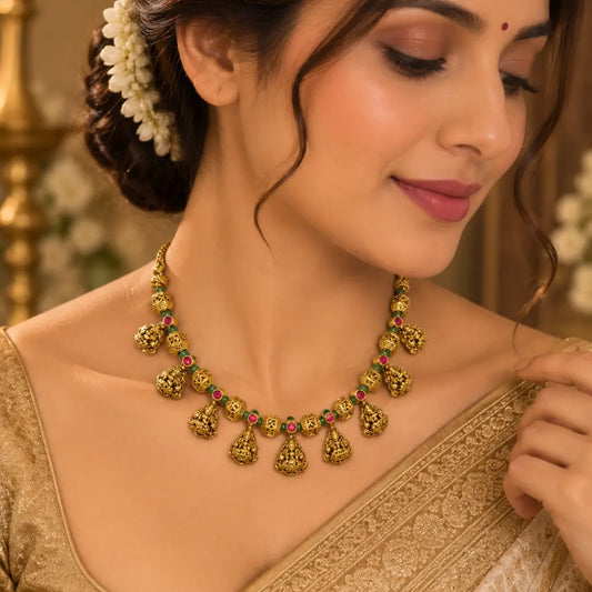 1 Gram Gold Short Necklace Set | Graduated Cone Drop Design J-932