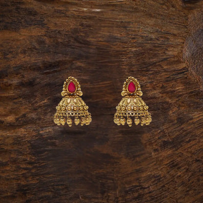 Antique Gold Plated Jhumka with Red Stone Detailing V-1663