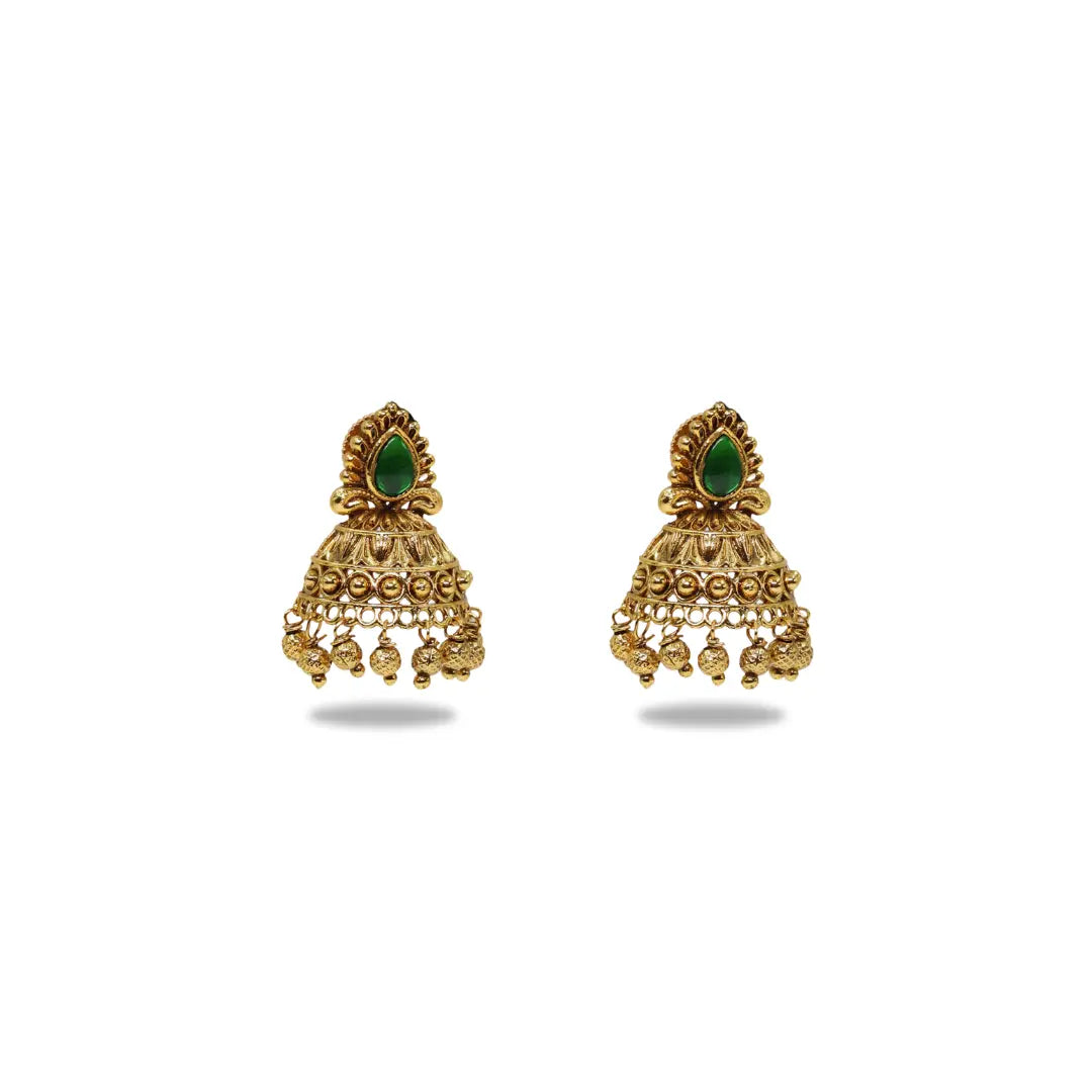 Antique Gold Plated Jhumka with Red Stone Detailing V-1663