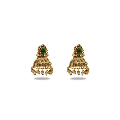 Antique Gold Plated Jhumka with Red Stone Detailing V-1663