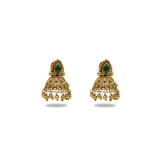 Antique Gold Plated Jhumka with Red Stone Detailing V-1663