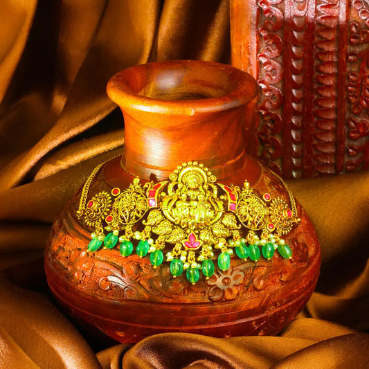 Traditional Lakshmi Temple Jewellery Bridal Choker Set with Green Beads