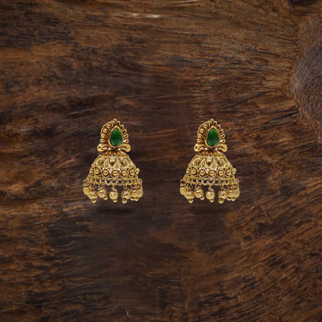 Antique Gold Plated Jhumka with Red Stone Detailing V-1663