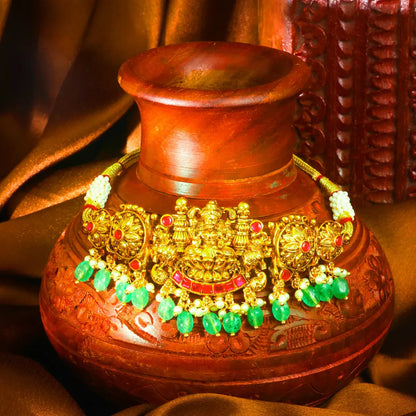 Lakshmi Antique Temple Jewellery Bridal Choker Set with Green Drops