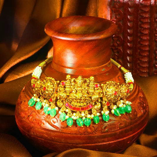 Lakshmi Antique Temple Jewellery Bridal Choker Set with Green Drops