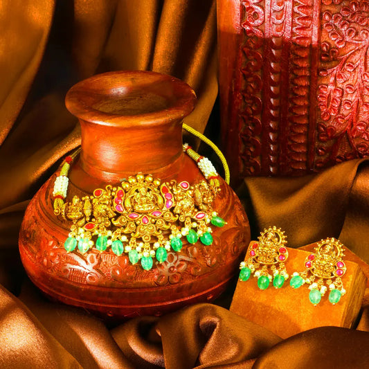 Lakshmi Temple Jewellery Bridal Choker Set with Emerald Bead Drops