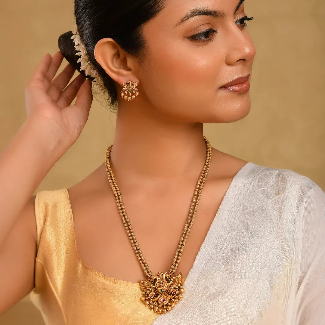Gandaberunda Temple Jewellery Pendant Set with Long Beaded Chain T-78