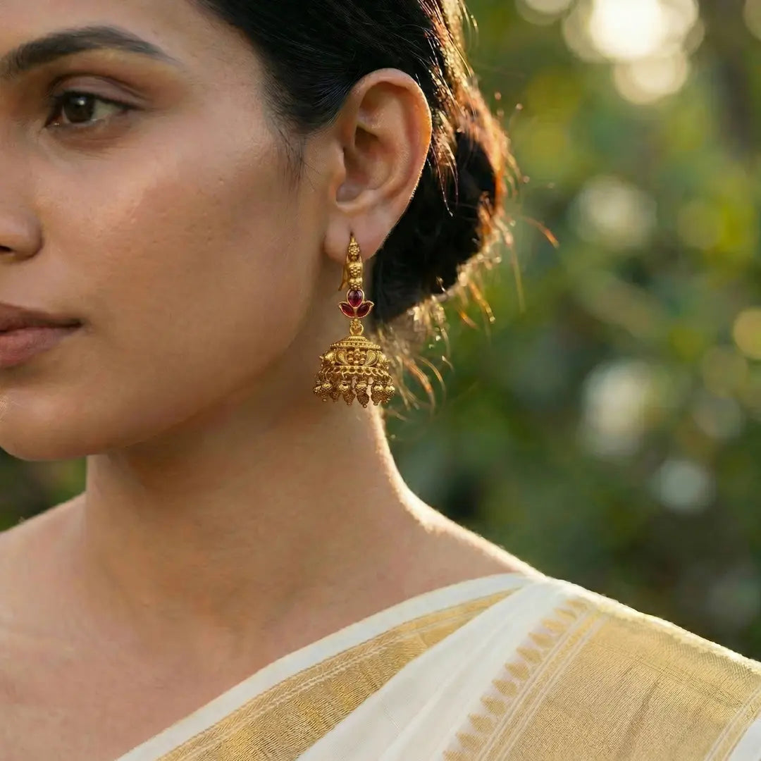 Ratna Kamala Ghanta Jhumka | Gold-Plated Ruby Lotus Temple Earrings