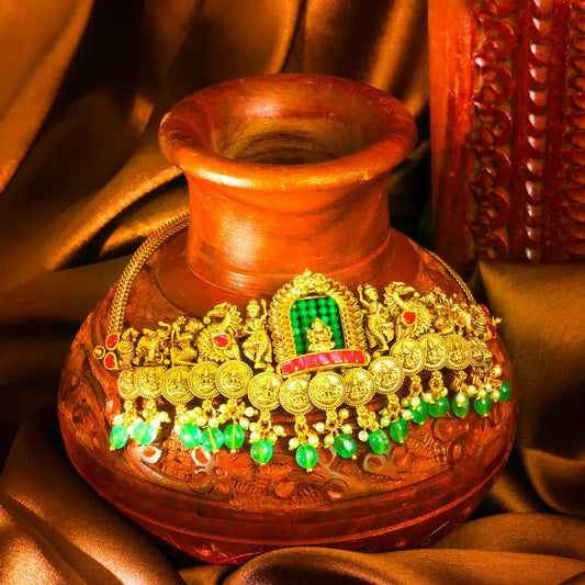 Lakshmi Temple Jewellery Bridal Choker Set with Green Bead Drops